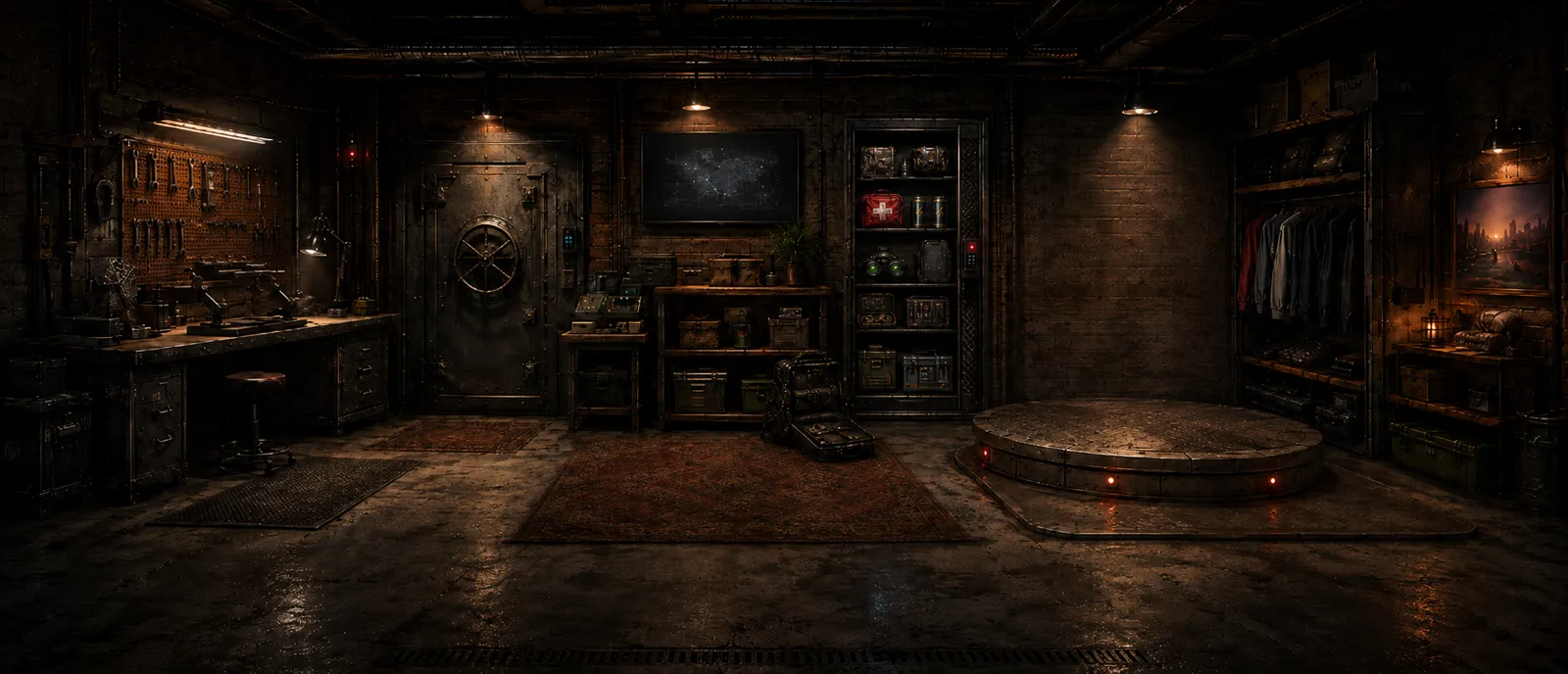 The Crimelink hideout: a panoramic safehouse with a workbench and pegboard on the left, a vault door and gear shelving in the centre, and a clothing rack and display pedestal on the right
