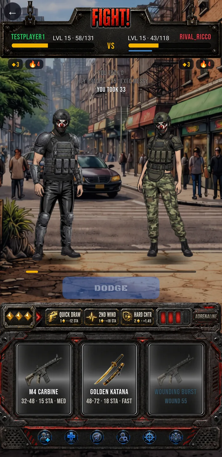 A Crimelink duel in progress: two fighters in the street with health bars, a timing meter and weapon cards along the bottom