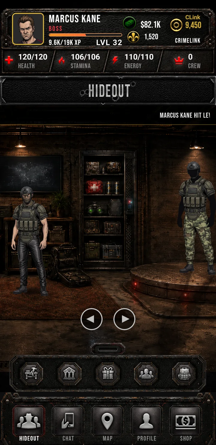 The player operative beside the Hideout equipment locker with the mannequin platform visible