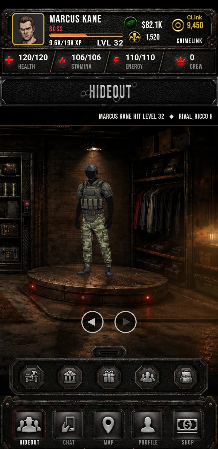 The equipped player mannequin standing on the Hideout display platform beside the clothing rack