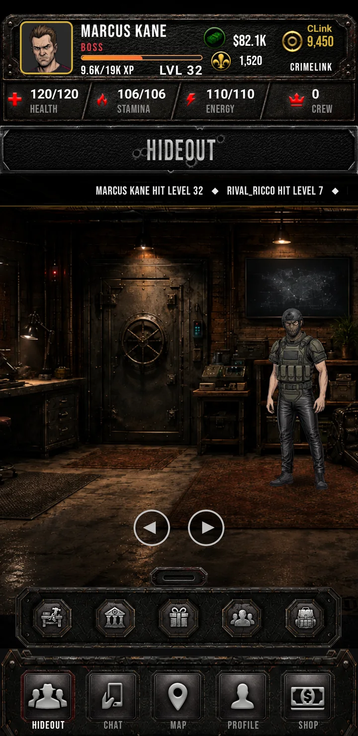 The player operative beside the Hideout safe as the room view moves left