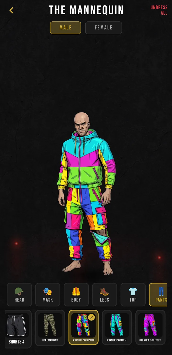 Crimelink mannequin dressed in the prism Neon Nights jacket and pants, with clothing slots along the bottom
