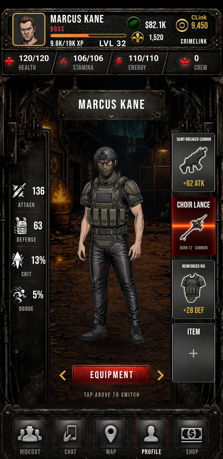 Crimelink boss profile: MARCUS KANE, LVL 30 BOSS, with cash, Clink, and full health, stamina and energy bars