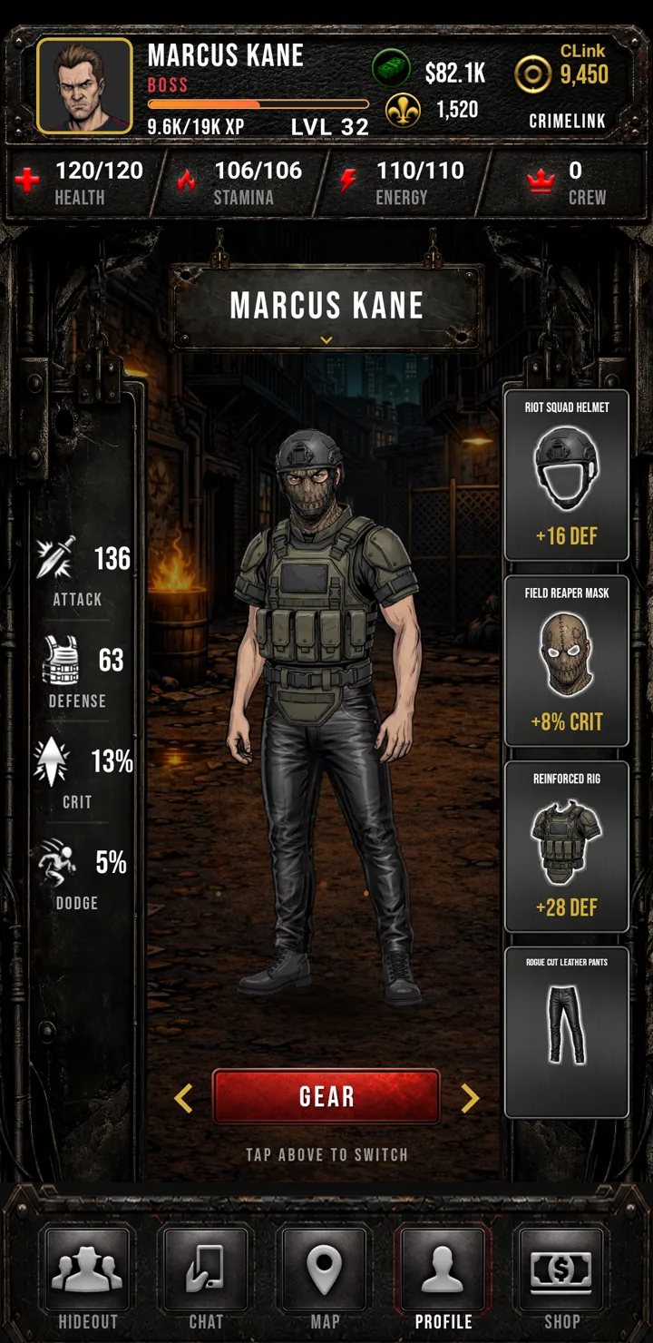 Crimelink profile gear screen: the operative in full tactical armor with attack, defense, crit and dodge stats and equipped helmet, mask, rig and pants