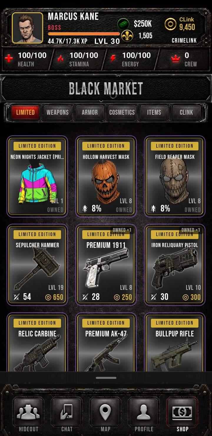 Crimelink shop floor: the Black Market storefront with weapons, gear and limited-edition drops