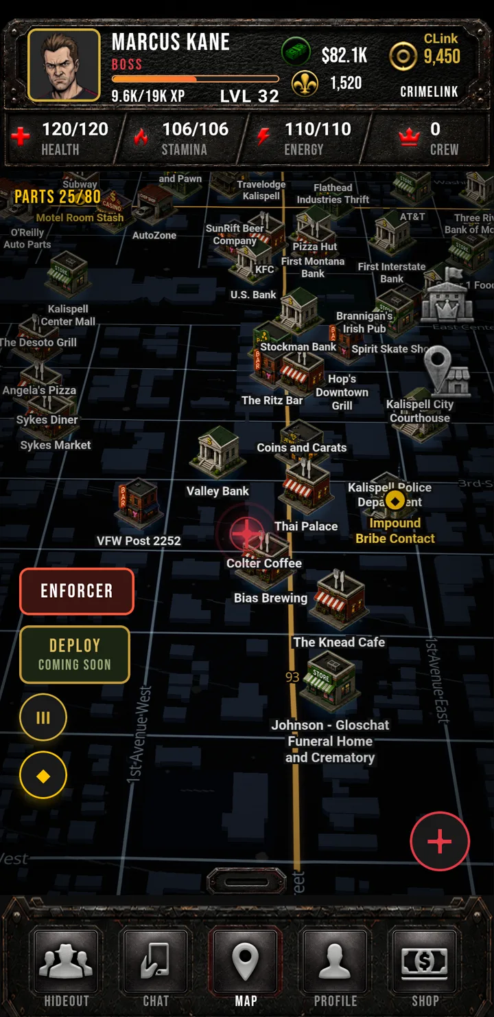 The Crimelink city map in the current build, showing named Kalispell venues including the Kalispell City Courthouse, Brannigan's Irish Pub, Stockman Bank, The Ritz Bar, Sykes Diner and VFW Post 2252