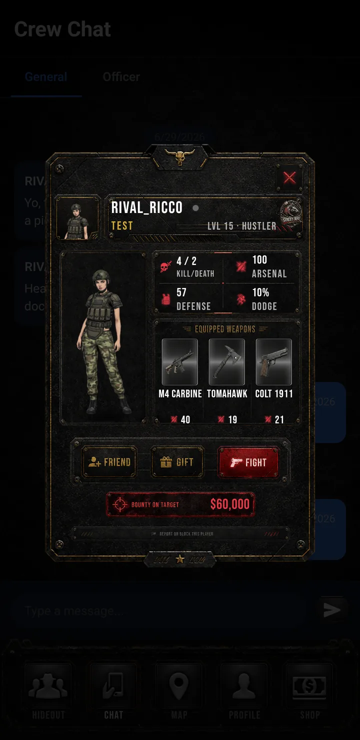 Crimelink criminal dossier for RIVAL_RICCO: kill/death record, equipped weapons, and Friend, Gift, and Fight actions