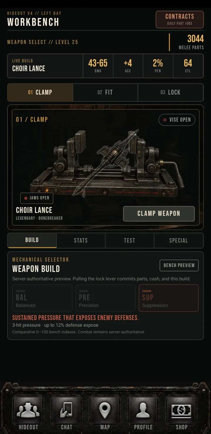 Crimelink workbench: stashed weapon parts by class and craft-special roll odds for a Premium 1911
