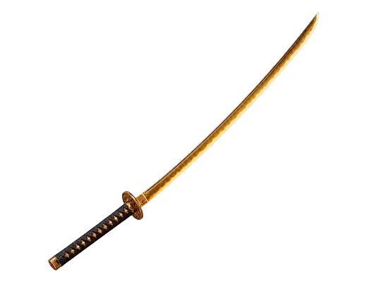 Golden Katana — a gold-bladed katana with a dark wrapped grip, photographed on a plain plate