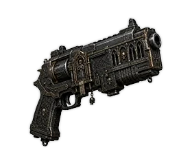 Iron Reliquary Pistol: a heavy gothic revolver etched with cathedral arches