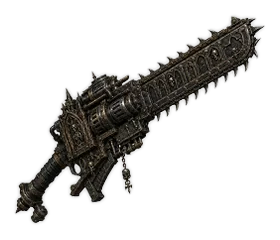Penitent Chainsaw Blade: a chainsaw sword with exposed teeth and iron fittings